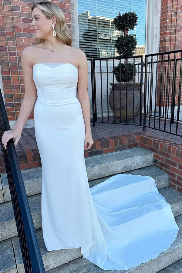 White Strapless Mermaid Long Modest Wedding Dress